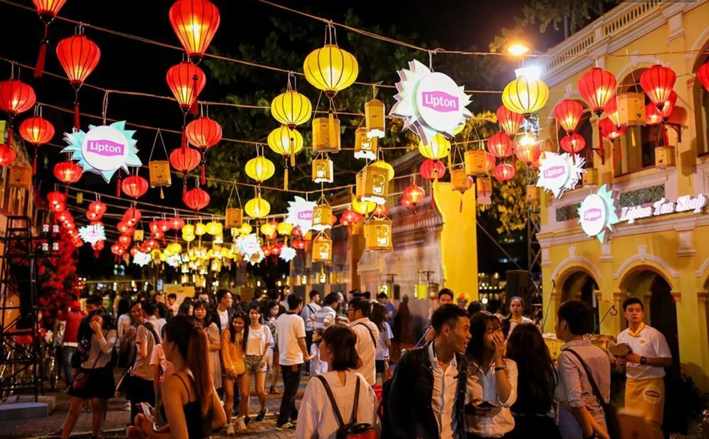 Tet decorations in Vietnam with flowers and lanterns during Lunar New Year