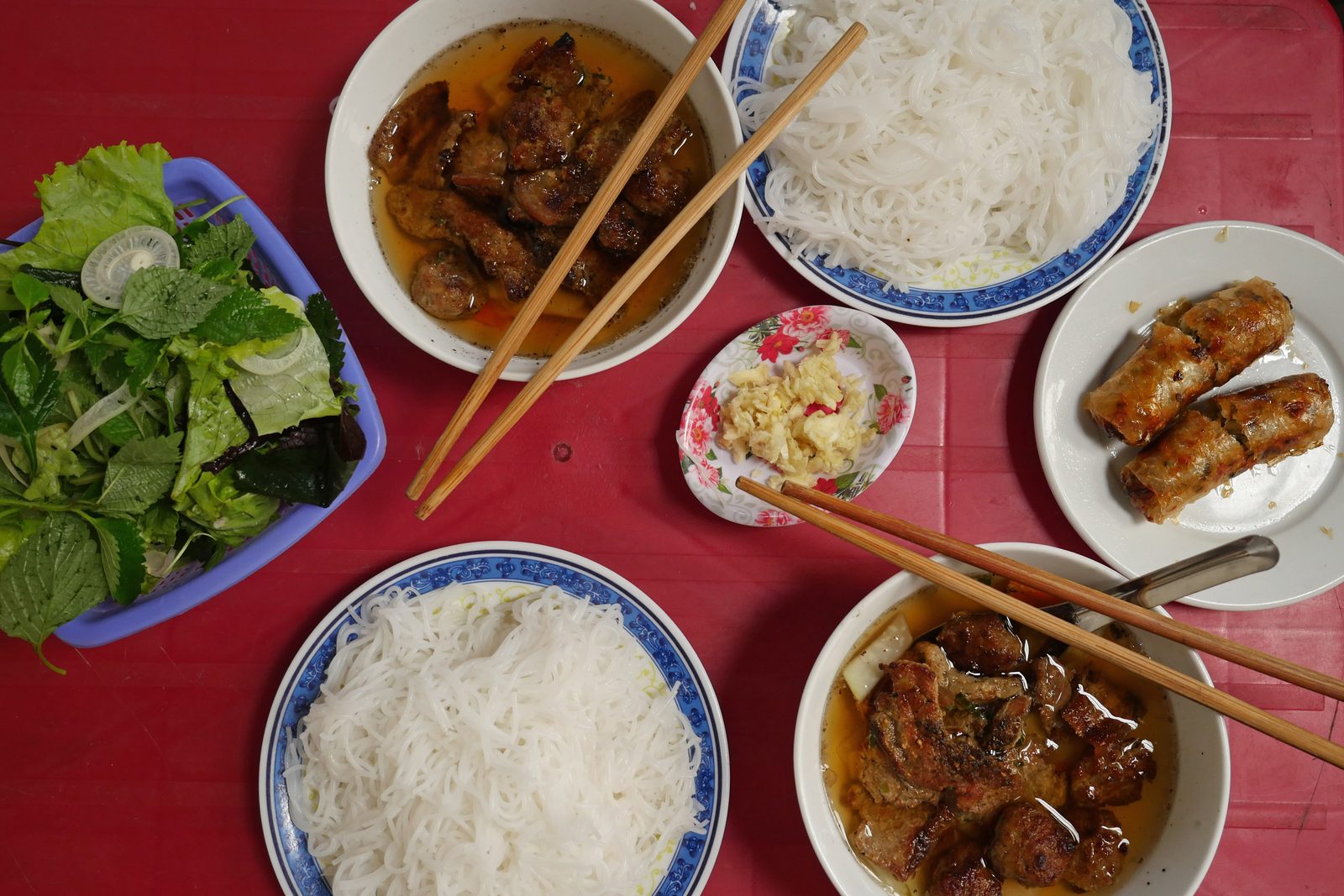 Bun cha with grilled pork and herbs, a must-eat in Hanoi