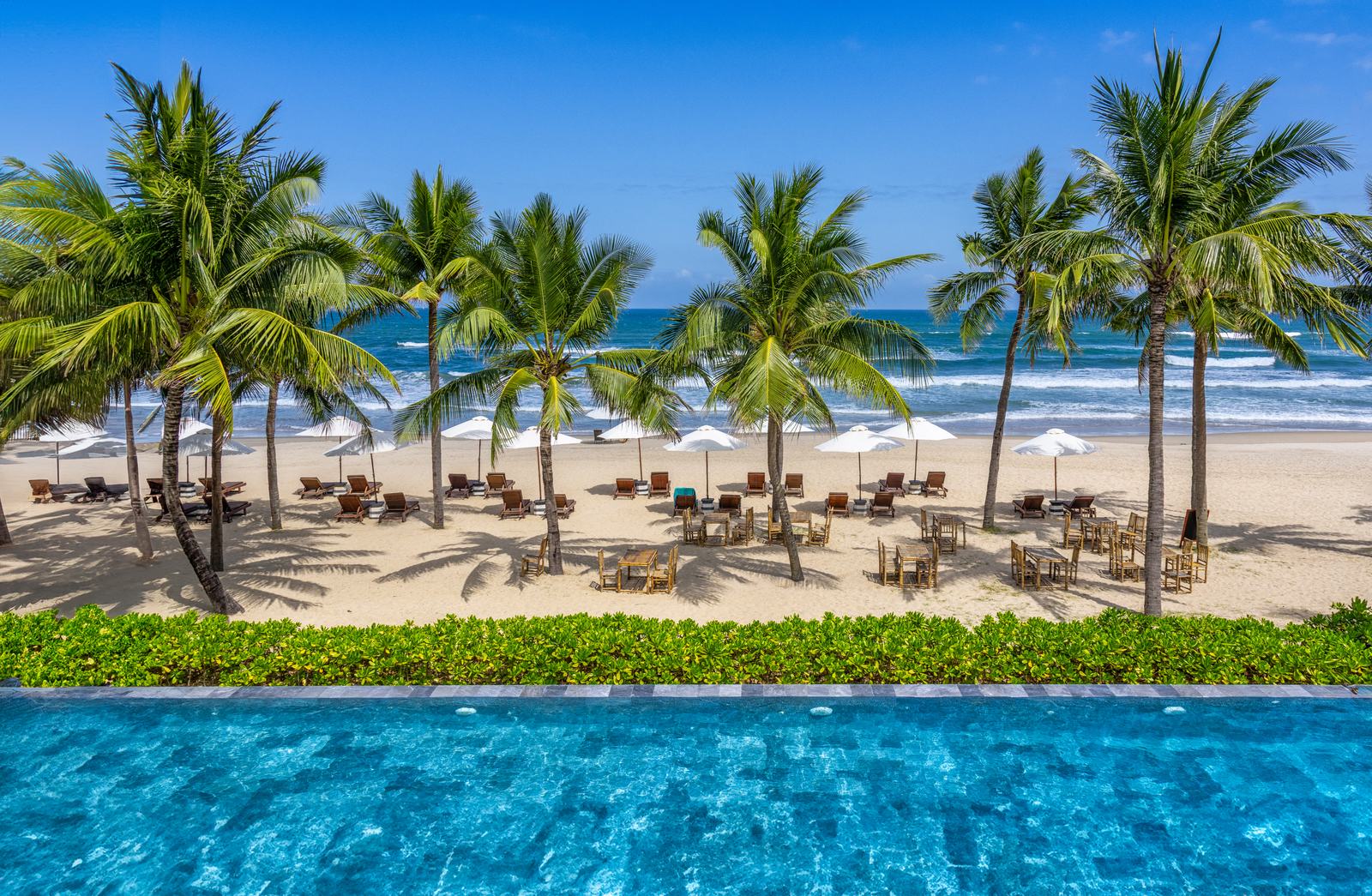 Vietnam in December, November, January or February: Where the Beach Weather Is Best Each Month 4 Palm trees and sun loungers at My Khe beach in Da Nang
